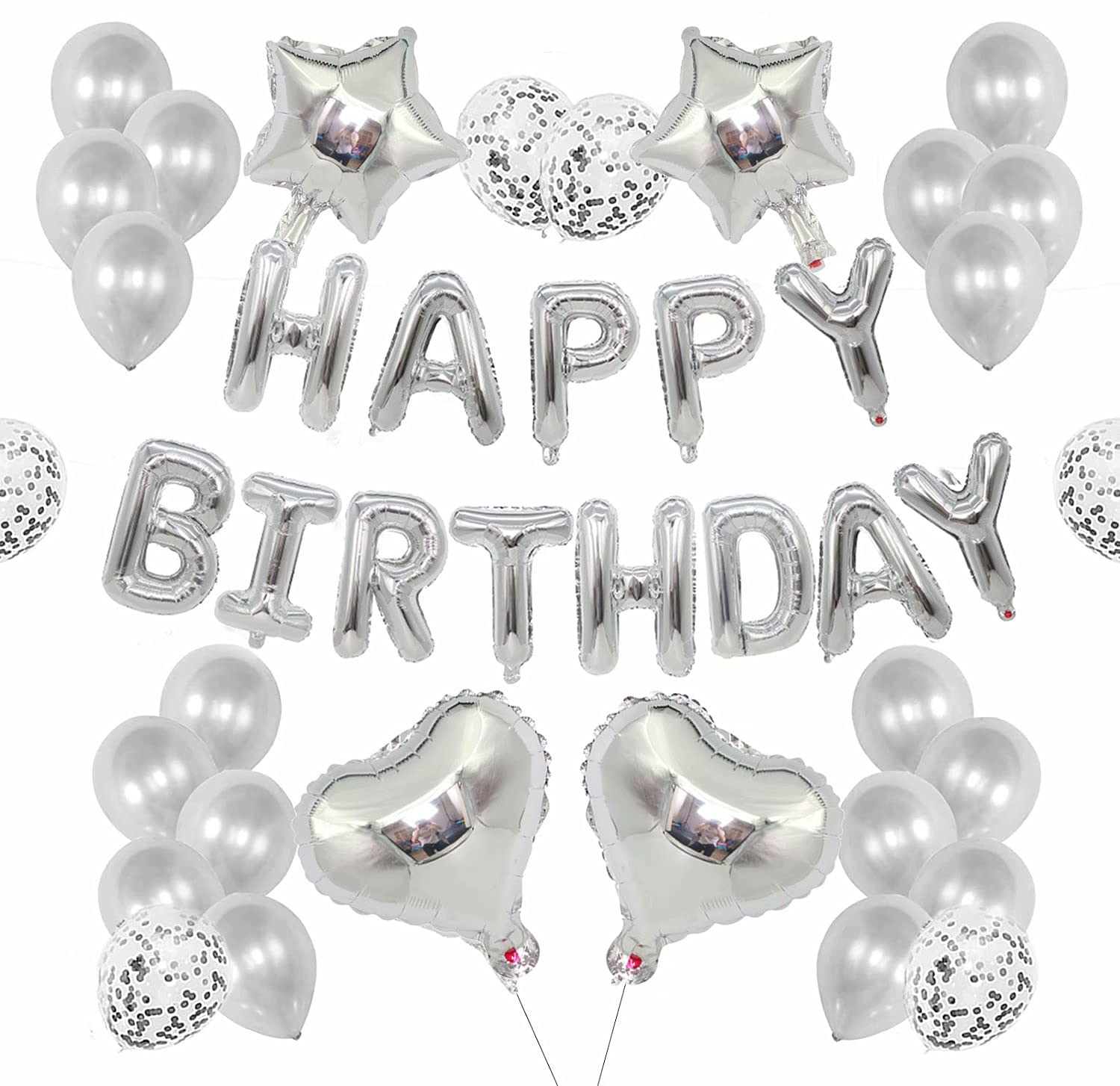 Amazon 誕生日 バルーン バースデーバルーン誕生日 女子 男子 飾り付け 風船セット ハッピー Happy Birthdayガーランド ハート 紙吹雪風船 ドットシール リボン付き 装飾 パーティー お祝い サプライズ シルバー ブラック シルバー 風船 バルーン おもちゃ