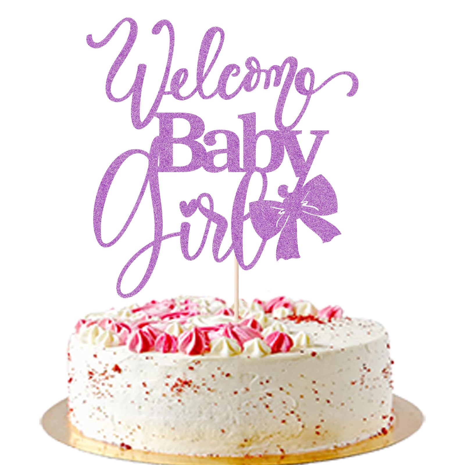 AROKIPPRY Welcome Baby Girl Cake Toppers - Baby Shower, Baby Shower, Newborn Gender Show Girl Happy Birthday Party Decoration (purple glitter) โ image 1