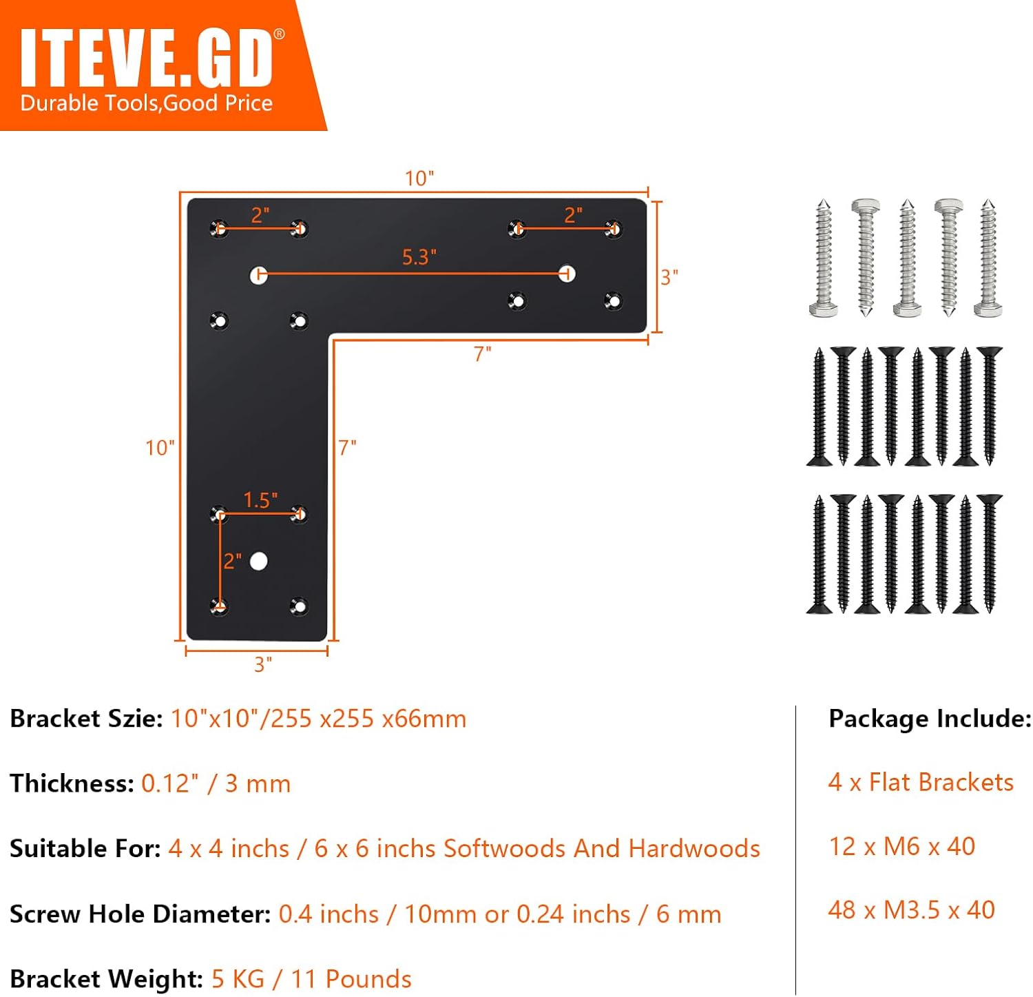 10"x10"x3" L-Shaped Flat Mending Bracket,90° Corner Gate Plate Contector Bracket with Screws,Truss Framing Bracket for 4x4 4x6 Wood Post to Beam for Garden Pavilion,Cabin (4pcs)