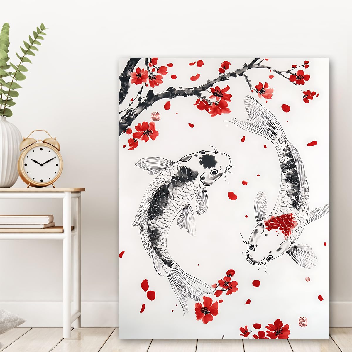 CHERHERART Dekoracyjny plakat rybny koi i czerwony kwiat śliwki drukowany obraz japoński styl płótno malarstwo ścienne do salonu sypialnia biuro biuro 70 x 100 cm rama wewnętrzna