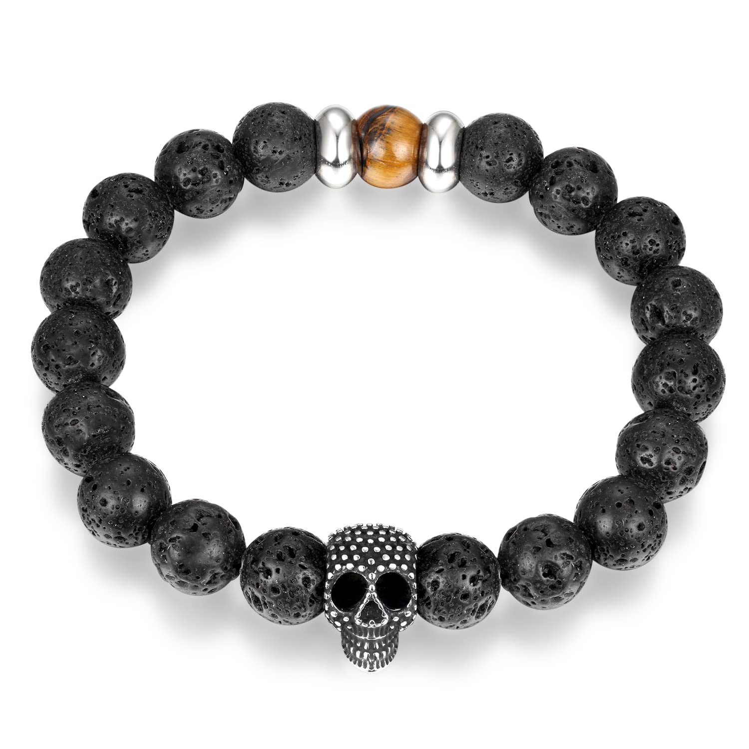 BIYONGDE 10MM Vocalnic Lava Stone Bead Chain Bangle Bracelet, Stainless Steel Vintage Skull Circle Bead Charm