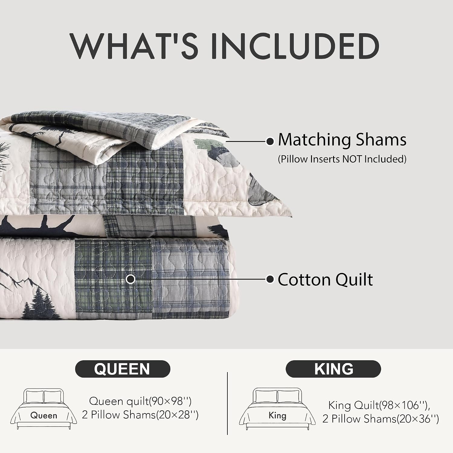 Rustic Deer Quilt Set Queen Size - 100% Cotton Blue and White Patchwork Quilt Bedding Set, Cabin Lodge Lightweight Bedspread, 3-Piece, Navy Blue & White