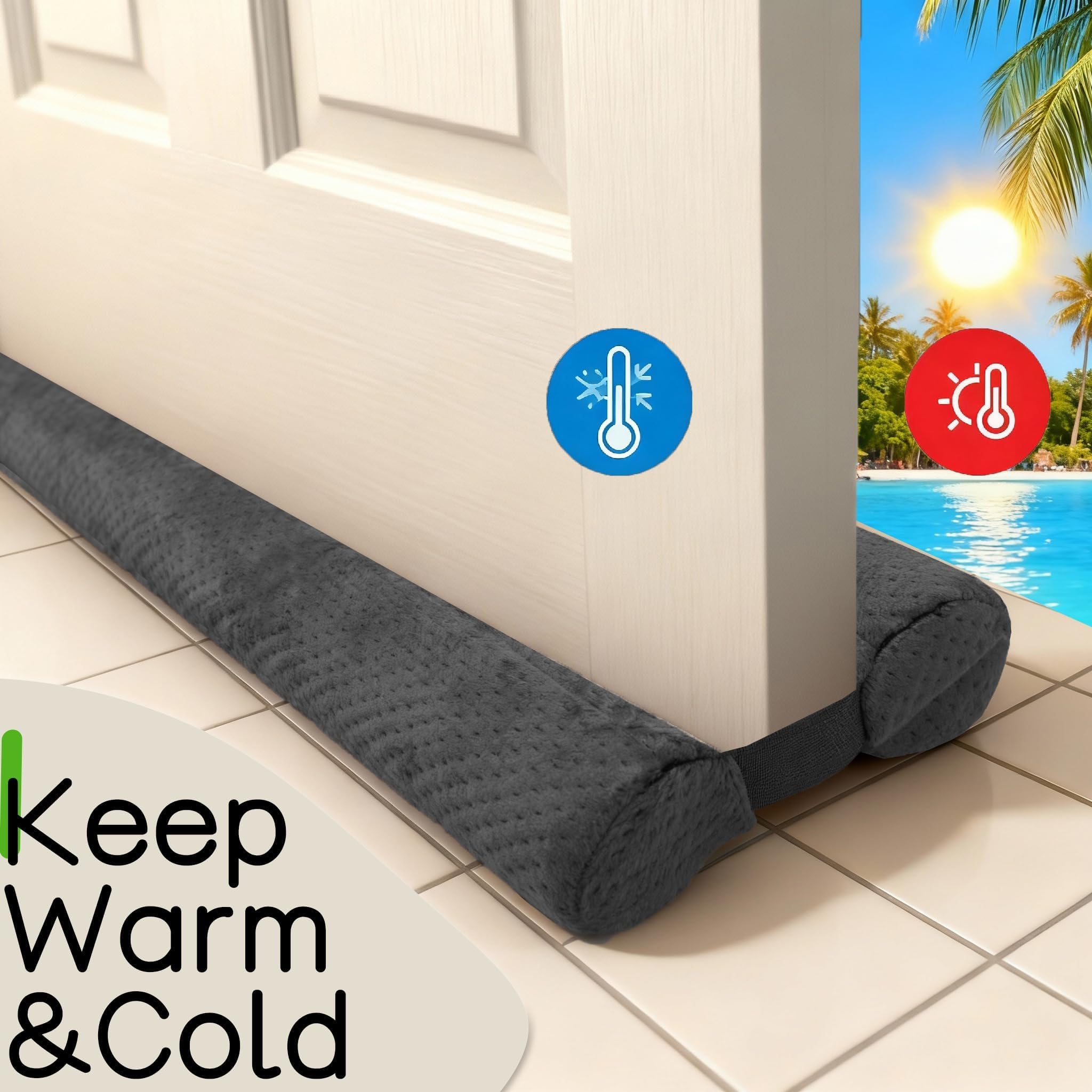 Boudin de Porte Isolant Froid Double Joint pour Porte - sans Colle - Bas de Porte Isolation Anti Bruit Poussière Stop à l'air Froid Anti Souris Insectes, Gris, 76-91cm