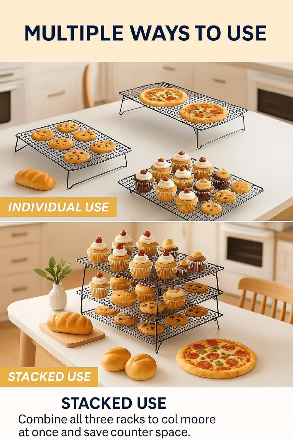 3-Tier Stackable Cooling Rack for Baking – 16" x 10" Carbon Steel Cookie Cooling Racks, Collapsible Space-Saving Design with Tight Grid, Dishwasher Safe – Dependable Industries