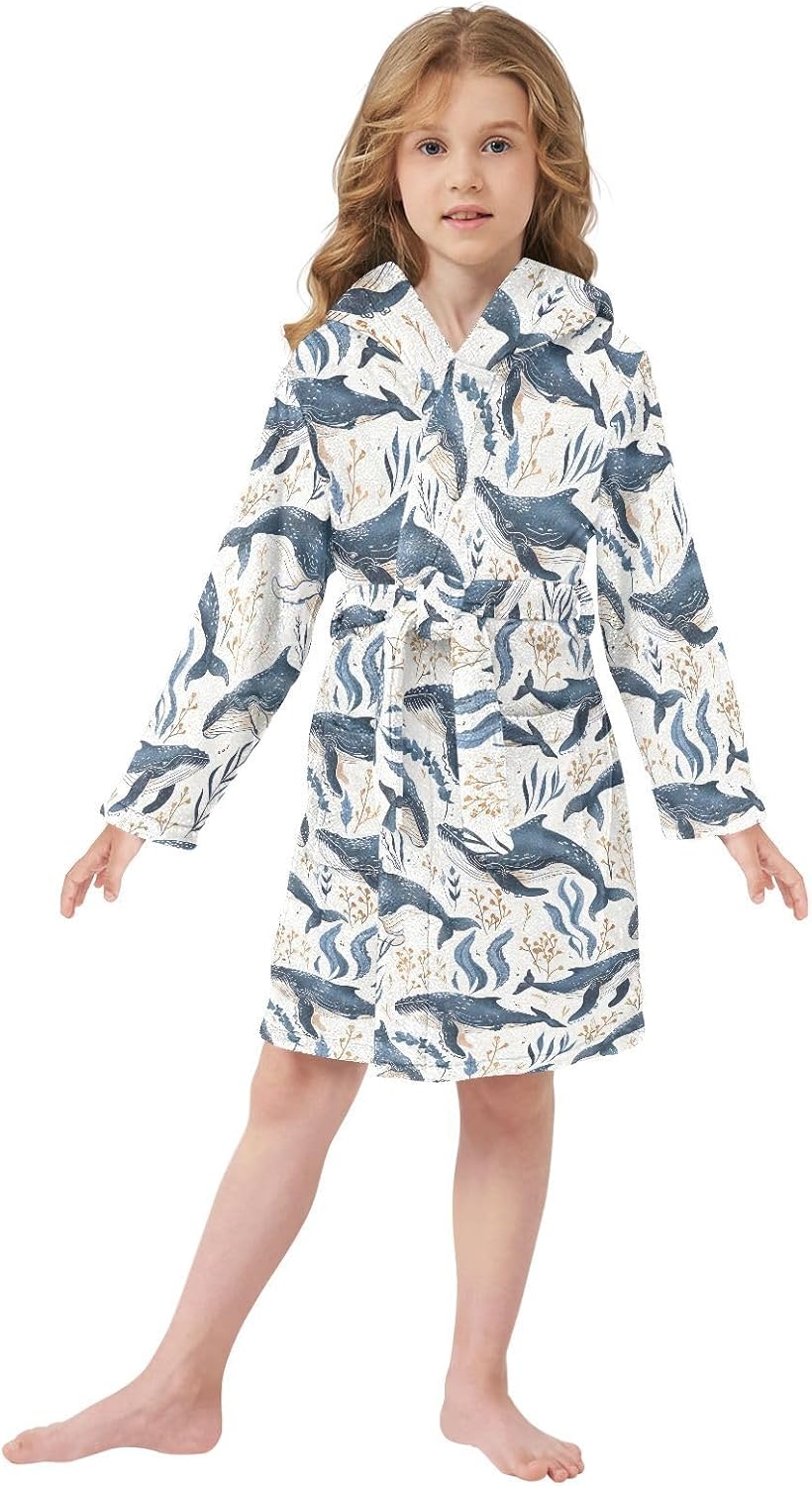 senya Underwater Humpback Whales Toddler Hooded Bathrobe Kids Soft Plush Bath Towel Robes for Boys Girls 2-12 Years