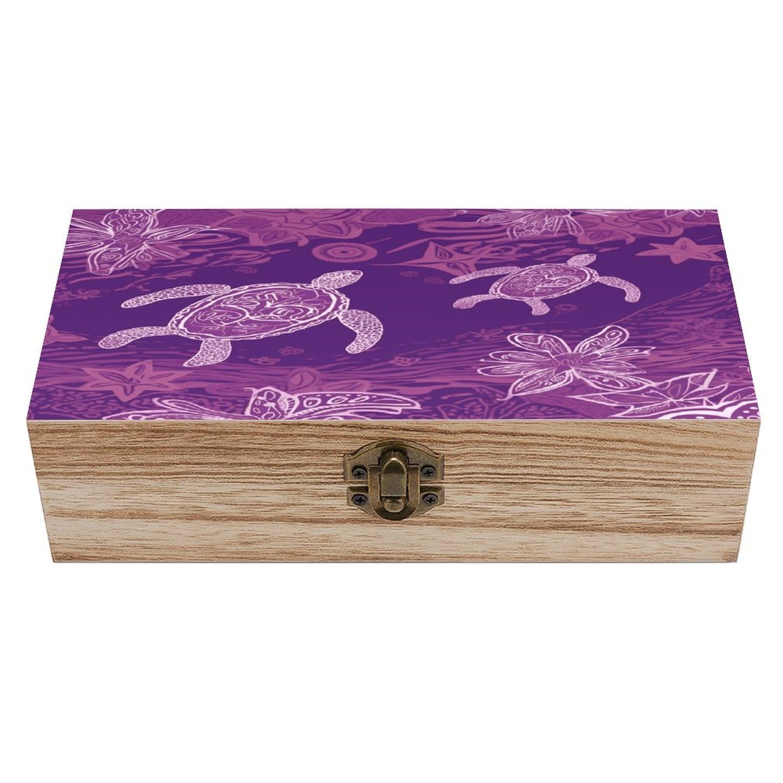 Btcowzrv Style Hawaii With Purple Sea Turtle Wooden Storage Box, Keepsake Box With Hinged And Retro Lock, Wood Jewelry Organizer For Photos & Mementos And Home Decor