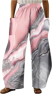 Women Marble Printed Wide Leg Linen Pants, Elastic High Waisted Palazzo Pants with Pockets Loose Fit Lounge Trousers