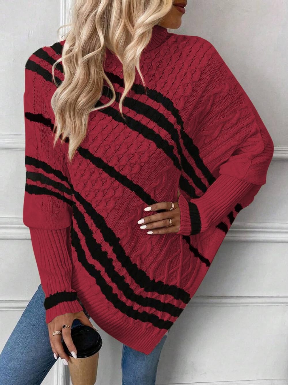 ZAFUL Women's Asymmetrical Turtleneck Poncho Sweaters Drop Shoulder Cable Knit Casual Pullover Sweater - Image 6