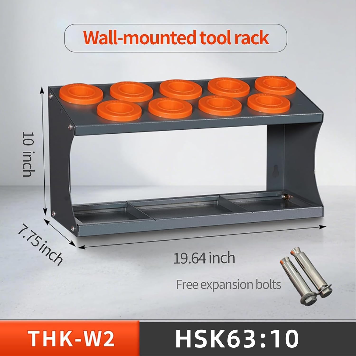 CNC Tool Storage Machine or Wall Mount HSK63-10 Tool Holder Capacity Cold Rolled Steel Wall Mount Tool Storage Rack for CNC Tool Holders and Workshop Storage，Equipped with Screws for wall mounting.