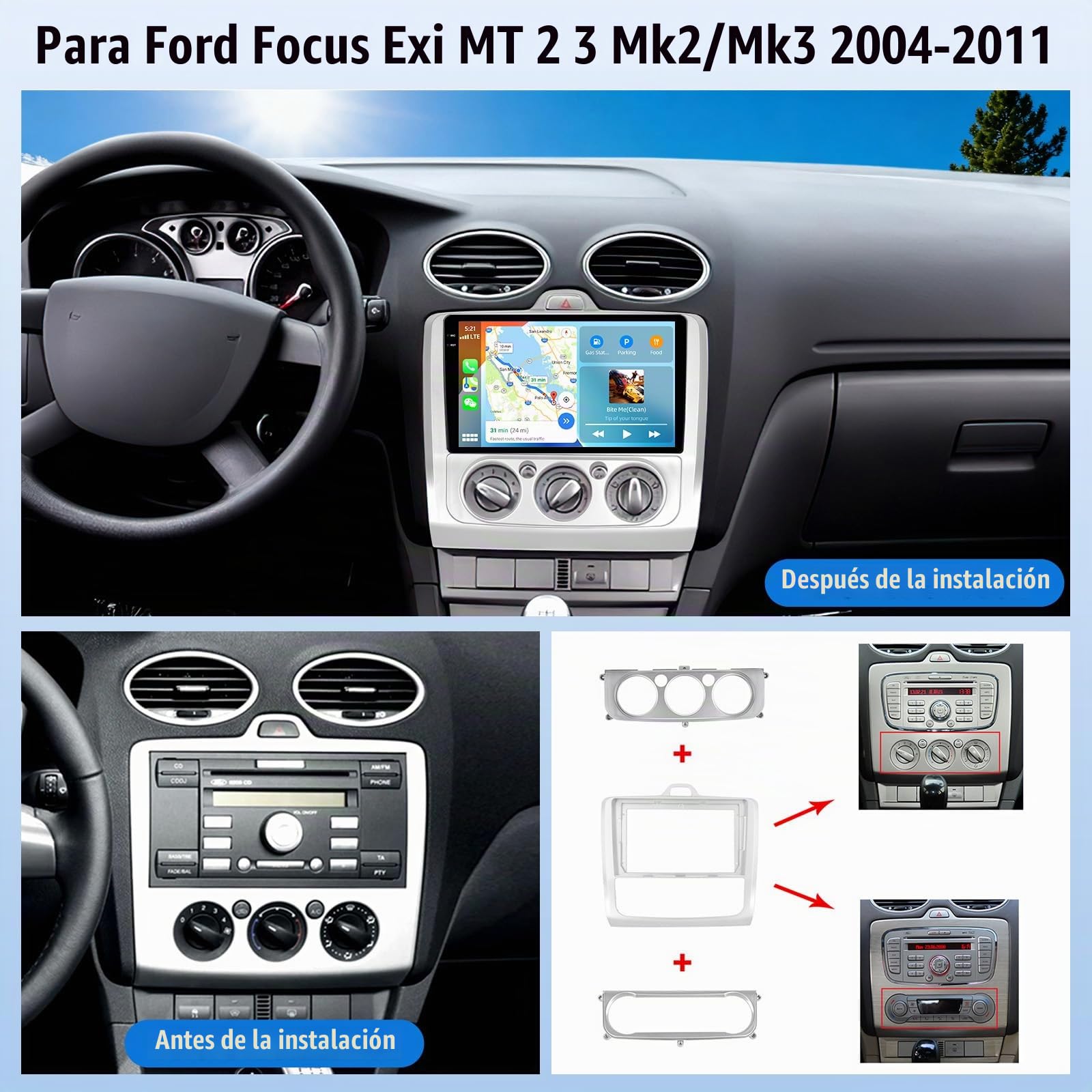 4G+128G Android 15 Radio Coche para Ford Focus Mk2 Mk3 Exi MT 2 3 2004-2011 Inalámbrico Carplay Android Auto, 9 Pulgadas Pantalla Radio con GPS Navi WiFi BT FM/RDS SWC+Cámara de Visión Trasera