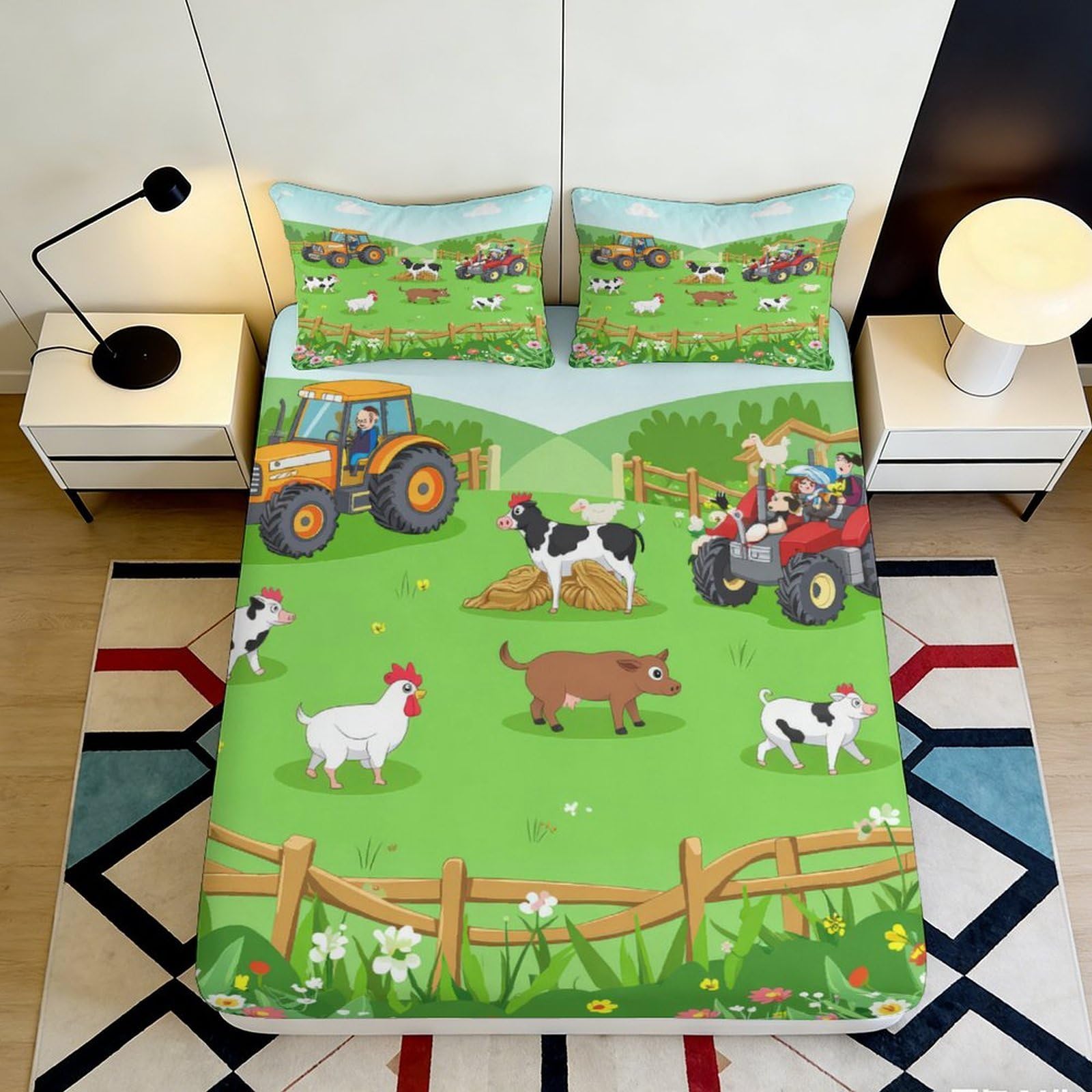 3D Printed Farm Tractor Fitted Sheet Microfiber Pastoral Animal Bed Cover for Bedroom Dorm Mattress Decor 90x200x25cm