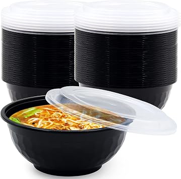 150 Pcs Stackable Meal Prep Bowl Containers,36 OZ Food Takeout Bowls Reusable,Black Disposable With Lids,Microwavable Dishwasher Safe Leak Resistant for Noodle Soup,Salads&Ramen Bow 36oz