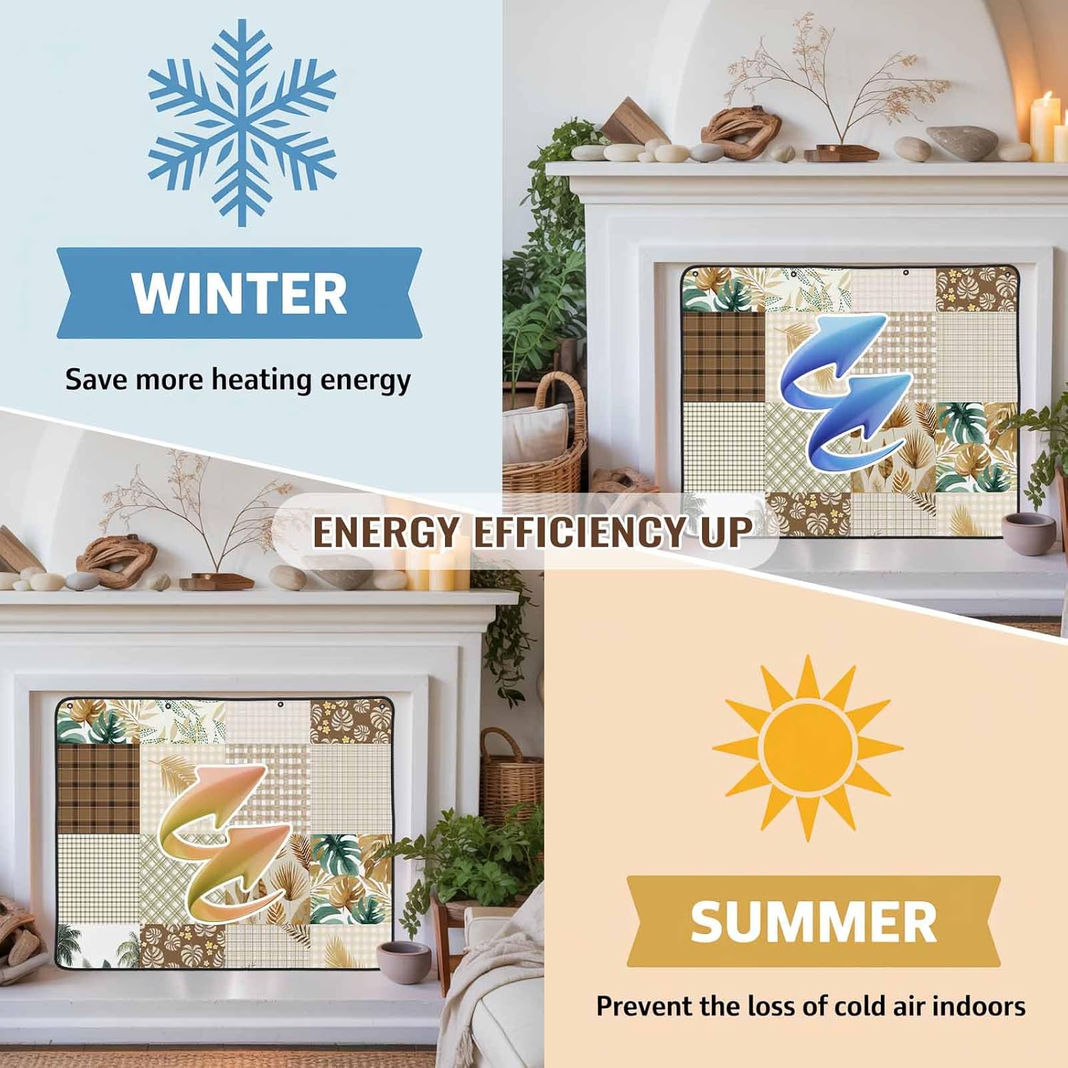 Magnetic Fireplace Cover Brown Botanical Patchwork Fireplace Screen Tropical Palm Leaves Plaid Insulation Fireplace Blocker Save Energy Fireplace Draft Stopper Covers for Living Room 36x30 Inch