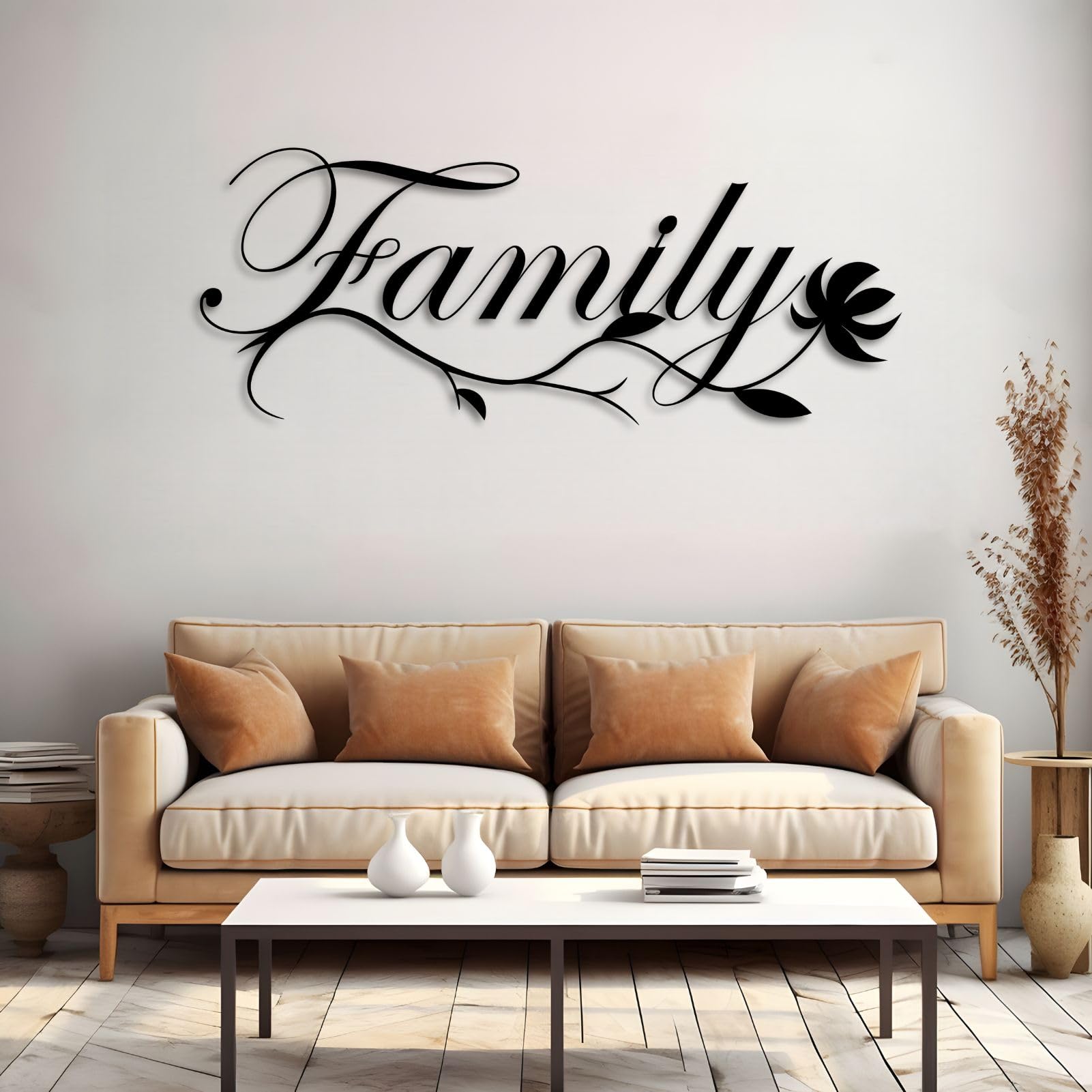 Décoration Murale en métal « Famille », élégante écriture Cursive, pour Salon, Chambre, entrée (doré, 135 cm L x 53 cm H)