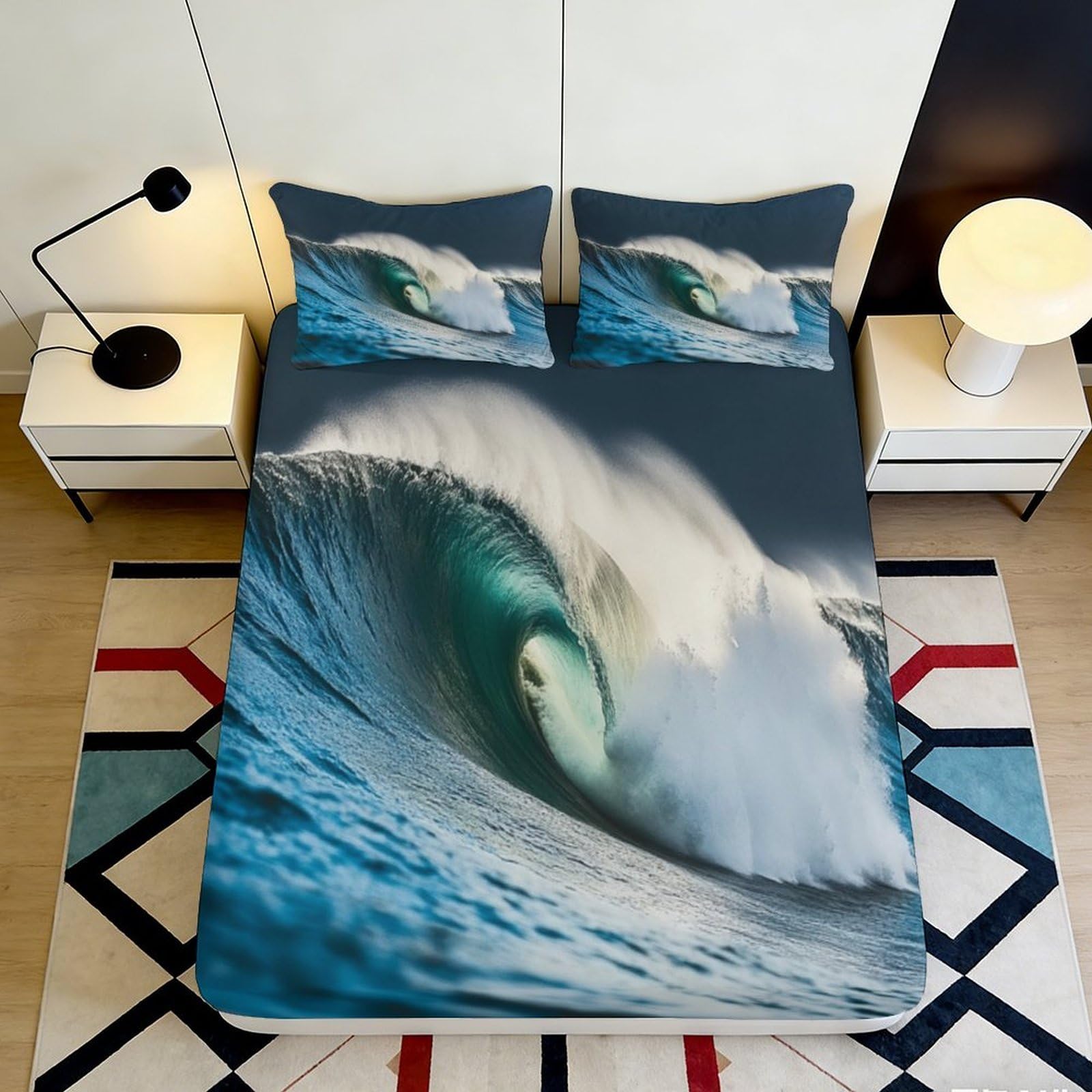 3D Printed Ocean Wave Fitted Sheet Microfiber Soft Blue Sea Bed Cover for Bedroom Dorm Mattress Decor 90x200x25cm