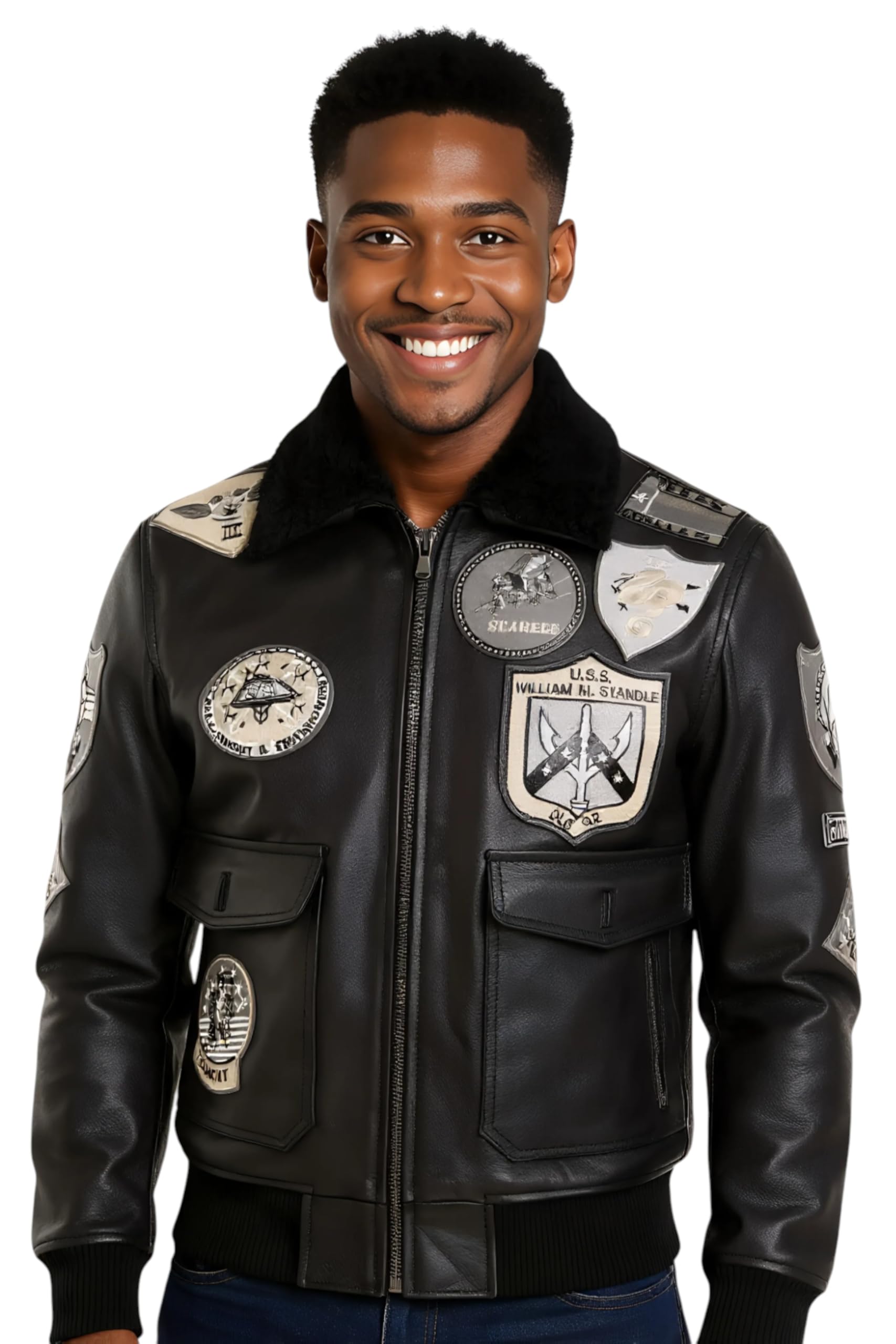 Men's Dusky Black Air Force A2 Flight Leather Sheepskin Collar Bomber Jacket