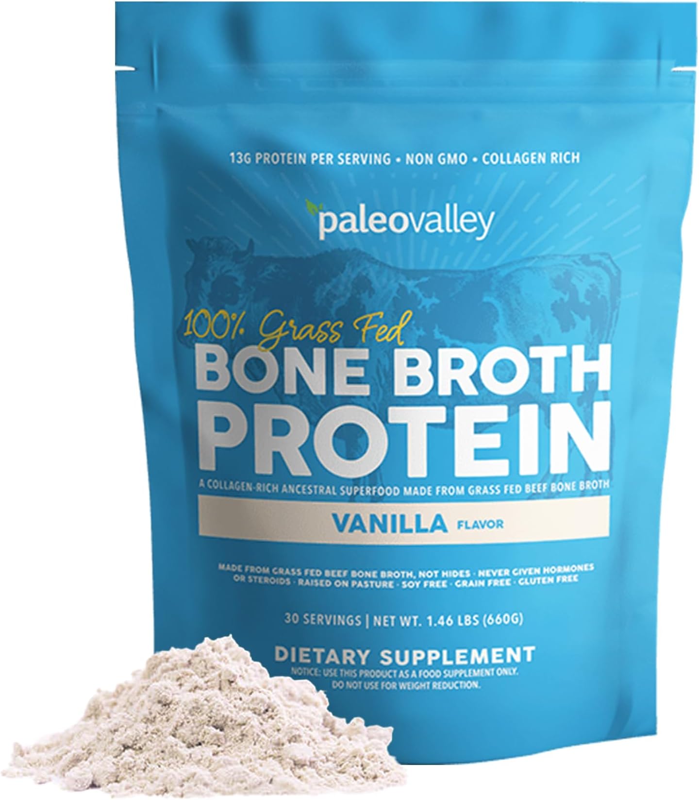 Paleovalley 100% Grass Fed Beef Bone Broth Protein Powder - Rich in Collagen Peptides for Hair, Skin, Gut Health, Bone and Joint Support - 13g Protein Per Serving - No Gluten or GMOs - Vanilla