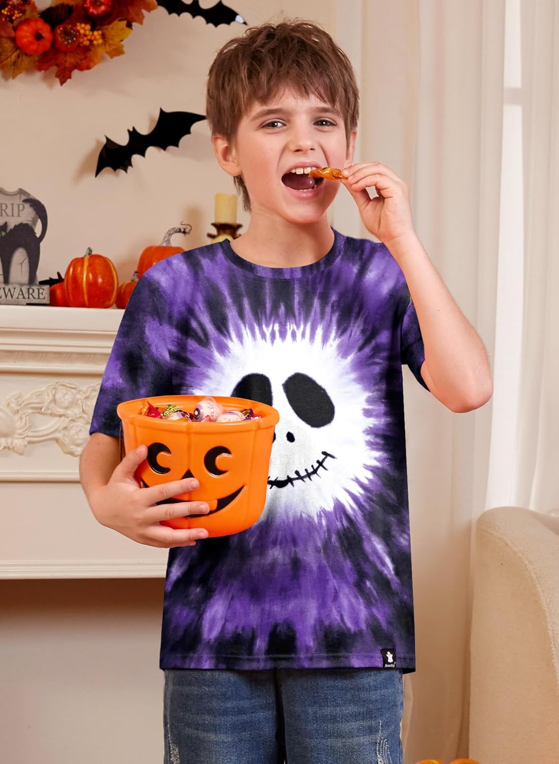 Little Boys Girls Spooky Halloween Ghost Top Tie Dye Short Sleeve Pumpkin Shirt Purple 5-6 Years - Image 5