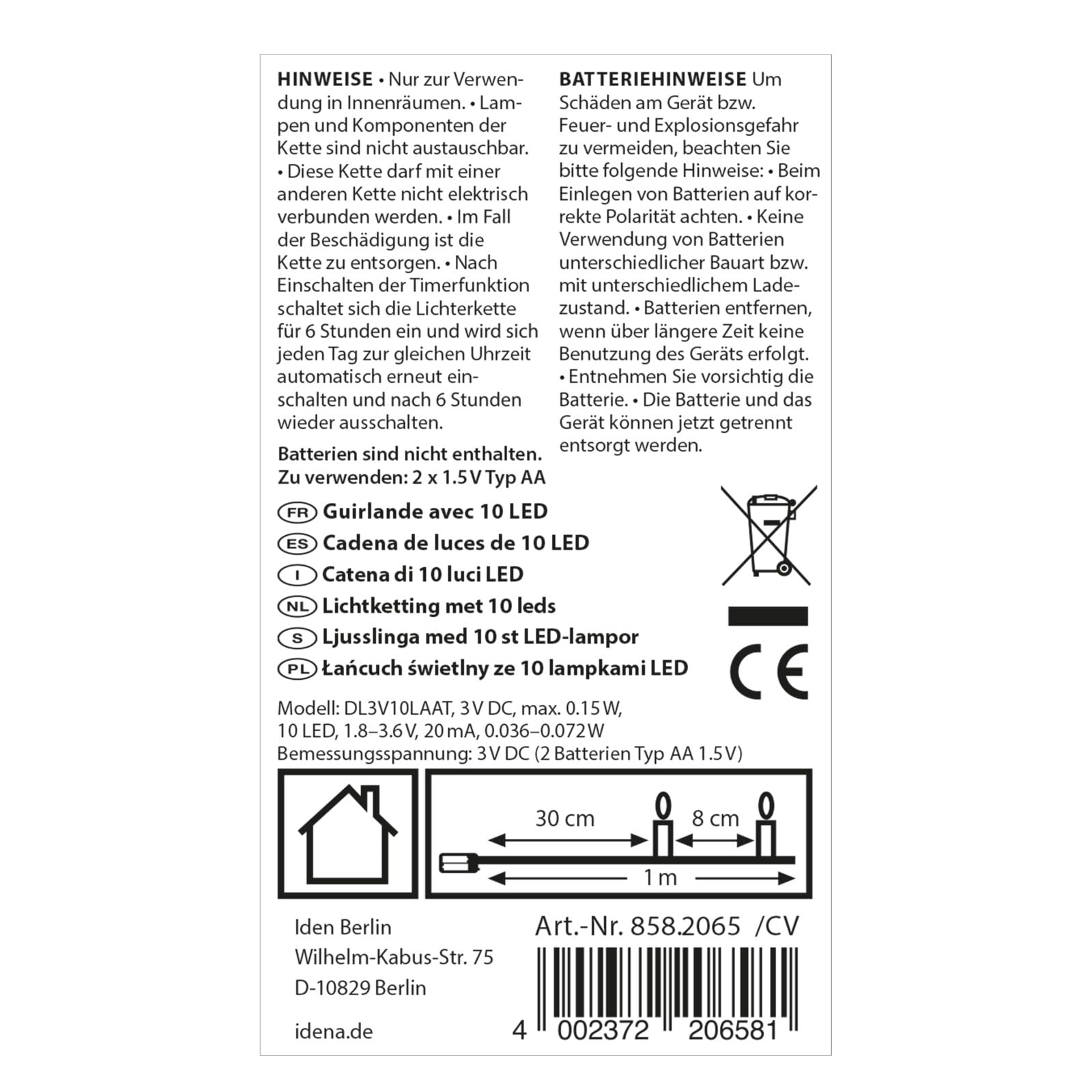 Idena 8582065 - Lampki choinkowe LED z 10 diodami LED w kolorze ciepłej bieli, z 6-godzinną funkcją timera, zasilane bateryjnie, ok. 1 m długości, do dekoracji wnętrz, do rękodzieła