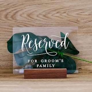 Acrylic Wedding Reserved Sign with Wood Stand- 5” x 7" Clear Acrylic Reserved For Grooms Family Sign with Holder for Wedding Reception & Event Party