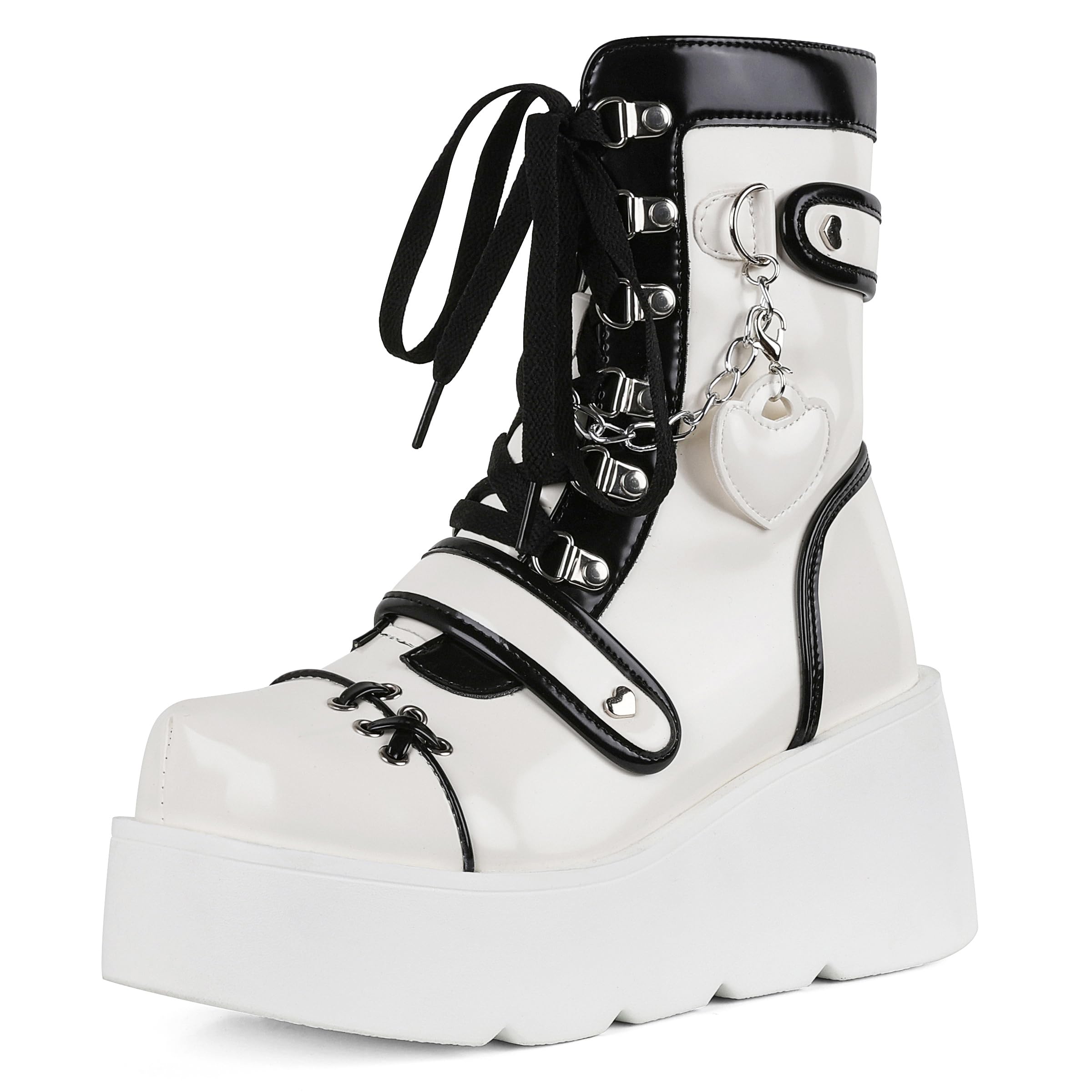 CELNEPHO Platform Ankle Boots for Women Wedge High Heel Booties Goth Round Toe Combat Boots Women Cute Heart Lace Up Rave Boots Outdoor Dress Boots