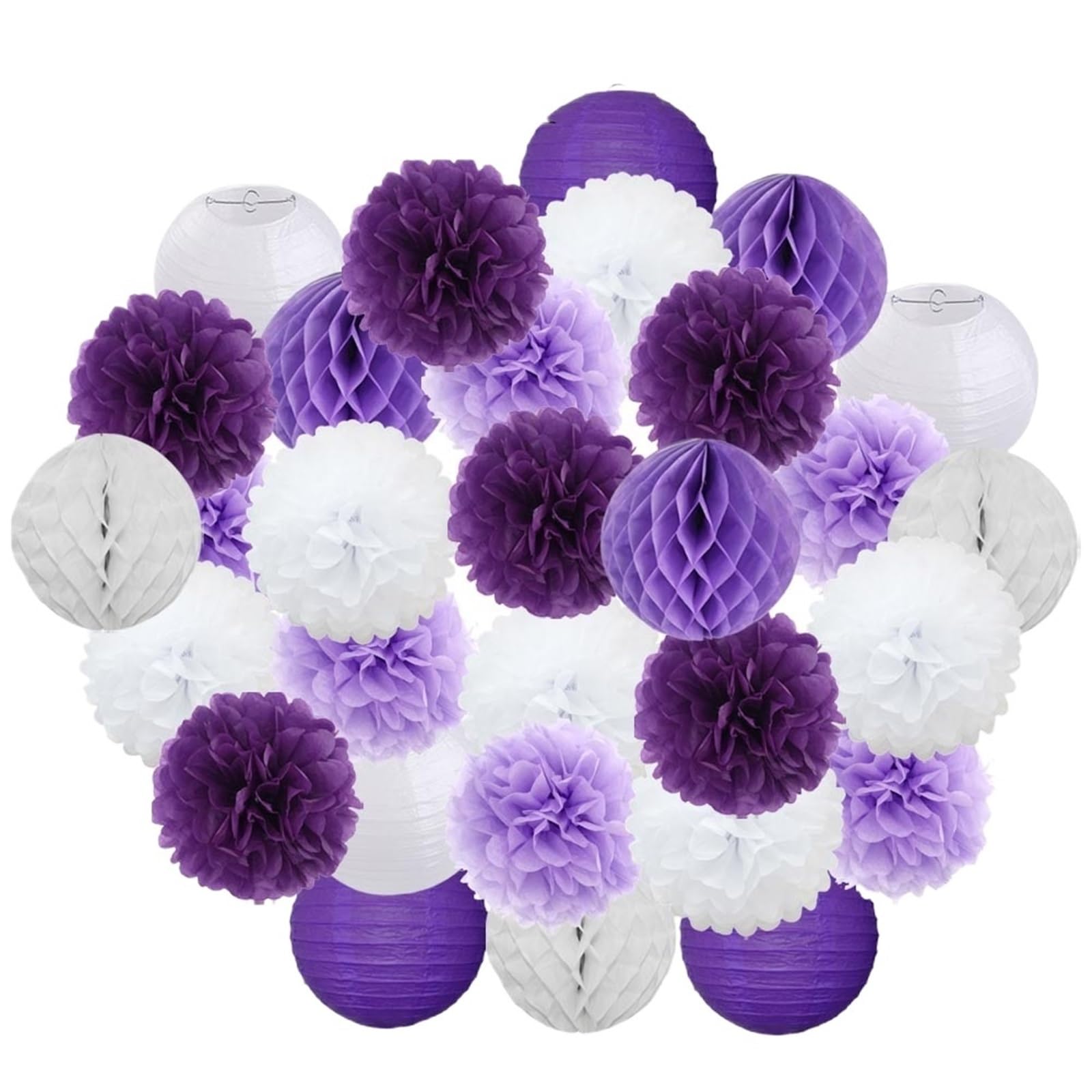 30 piezas de decoración navideña for festivales, farolillos de papel azul y blanco de 15, 20, 25 y 30 cm, for fiestas de cumpleaños, pompones colgantes(Purple Set,S-8inch(20cm))