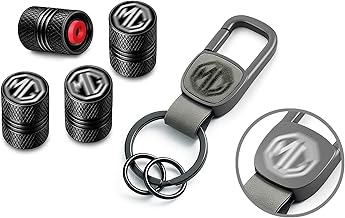 Leather Car Keychain & 4pcs Aluminium Tyre Valve Caps Set with Carabiner Clip & Laser-Engraved Logo | Compatible with MG Hector Astor Gloster Comet ZS EV