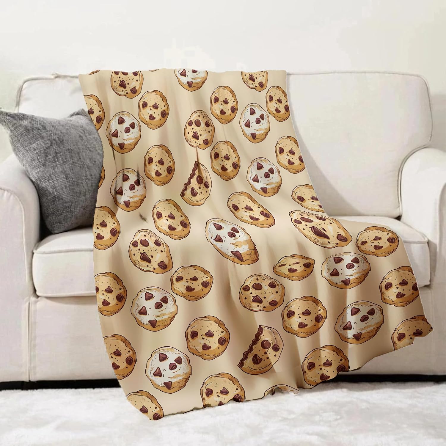 Chocolate Chip Cookie Throw Blanket for Adults Kids, 50x60 in, Cute Cartoon Dessert Snack Theme Flannel Blankets for Bedroom, Couch, Travel, Home Decor, Fuzzy Soft Cozy Warm Gifts image 2