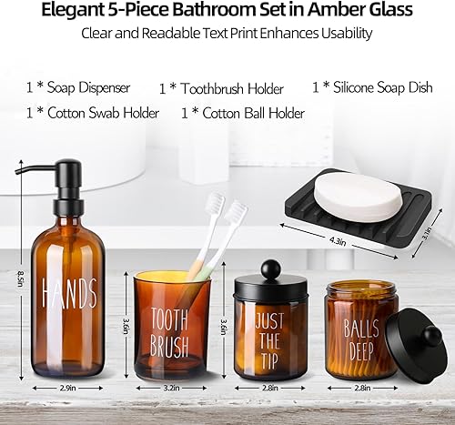 Miniatura 2 de Cnsndqedke Juego completo de accesorios de baño, 5 piezas con dispensador de jabón de vidrio ámbar, soporte para jabón y cepillo de dientes, Qtip y
