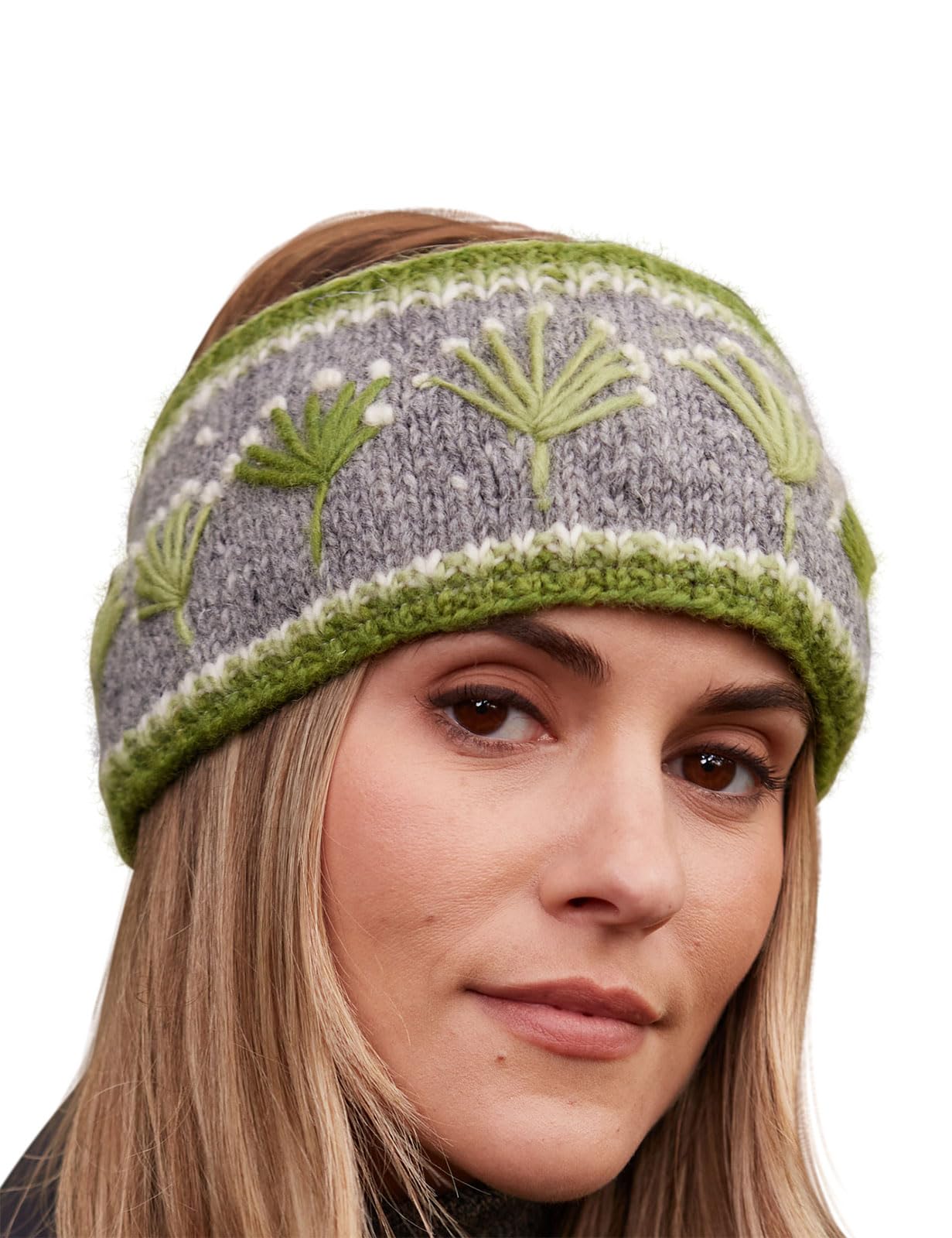 Pachamama Women's Green Wool Ear Warmer Headband Fleece Lined Handknitted Flower Embroidered One-Size Handmade Fair Trade
