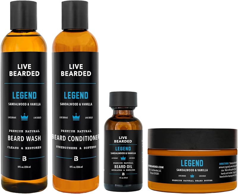 Kit completo de cuidado de barba Live Bearded: lavado, acondicionador, mantequilla, aceite | Legend Scent - Sándalo, Vainilla - Set de cuidado para hombres para barba y bigote