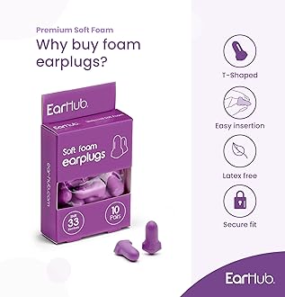 EarHub Sleepwell Soft Foam Earplugs, Hearing Protection 33dB, Ear Plugs Best Used for Sleep, Also Used for Travel, Work, Study & Concerts, Purple, 10 Pairs