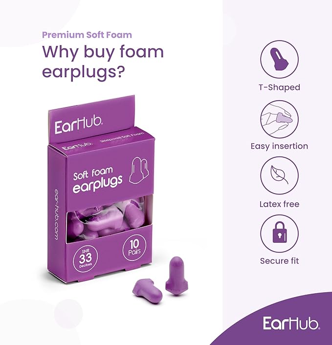 EarHub Sleepwell Soft Foam Earplugs, Hearing Protection 33dB, Ear Plugs Best Used for Sleep, Also Used for Travel, Work, Study & Concerts, Purple, 10 Pairs