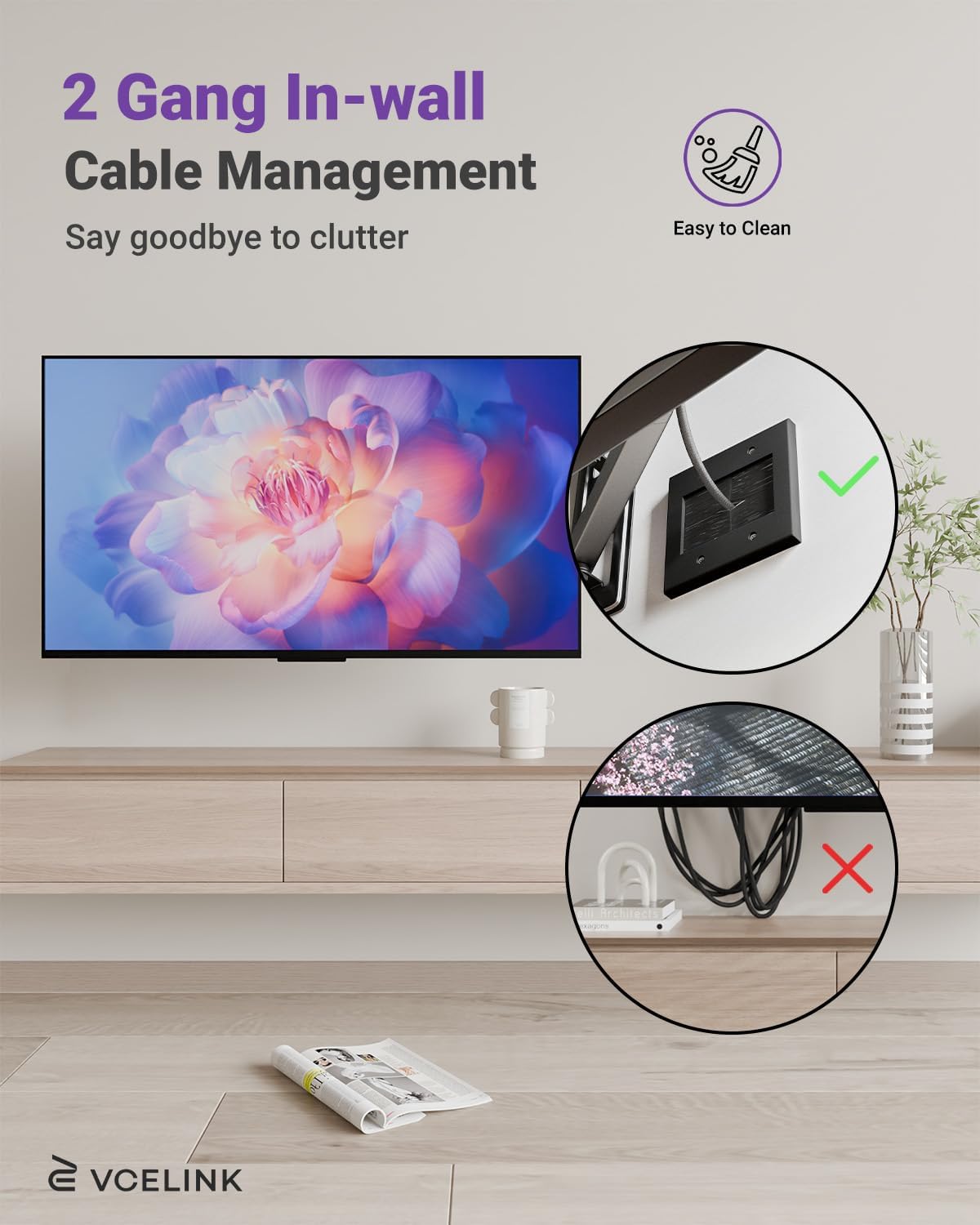 VCELINK 1-Pack 2-Gang Brush Wall Plate for Cable Management – Black Finish, Cable Pass-Through for Ethernet, HDMI, and AV Cables (Black)