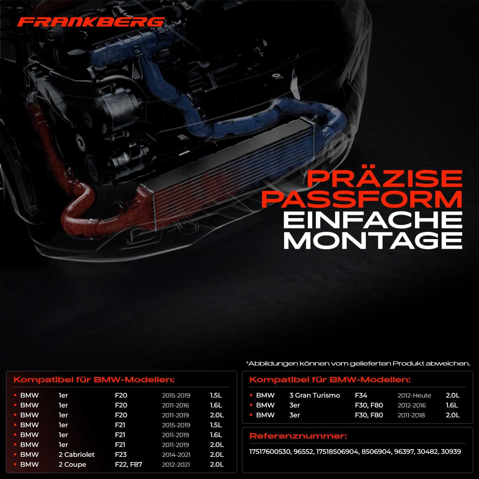 Frankberg 1 x turbo chłodnica powietrza do ładowania, kompatybilna z 1 serii F20, F21, 2010, dziś, serii 3, F30, F31, F80, 2011-2019, 4, F32, F33, F36, F82, F83, 2013, dzisiaj Replace# 17517606060606000000006000000176000 0530