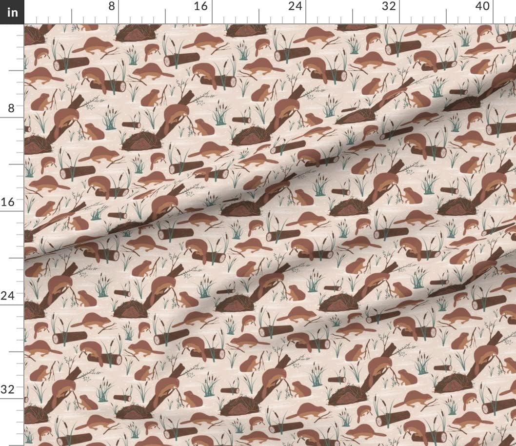 Spoonflower Fabric - Animal Family Canada Team Wetland Lodge Beavers Beige Printed on Petal Signature Cotton Fabric by The Yard - Sewing Quilting Apparel Crafts Decor