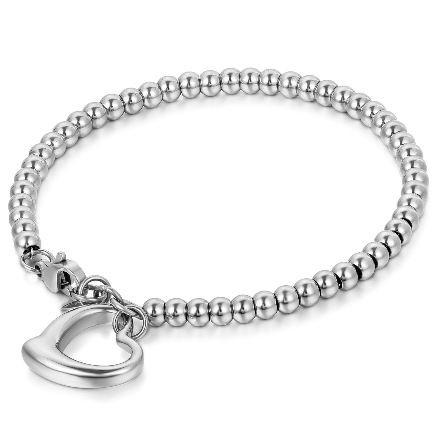 JewelryWeJewelryWe Moda Corazón Hueco Pulsera, Pulsera de la Suerte de las Mujer, Pulsera de Cuentas Pulidas, Pulsera de Acero Inoxidable, Pulsera Ajustable, Plata Oro