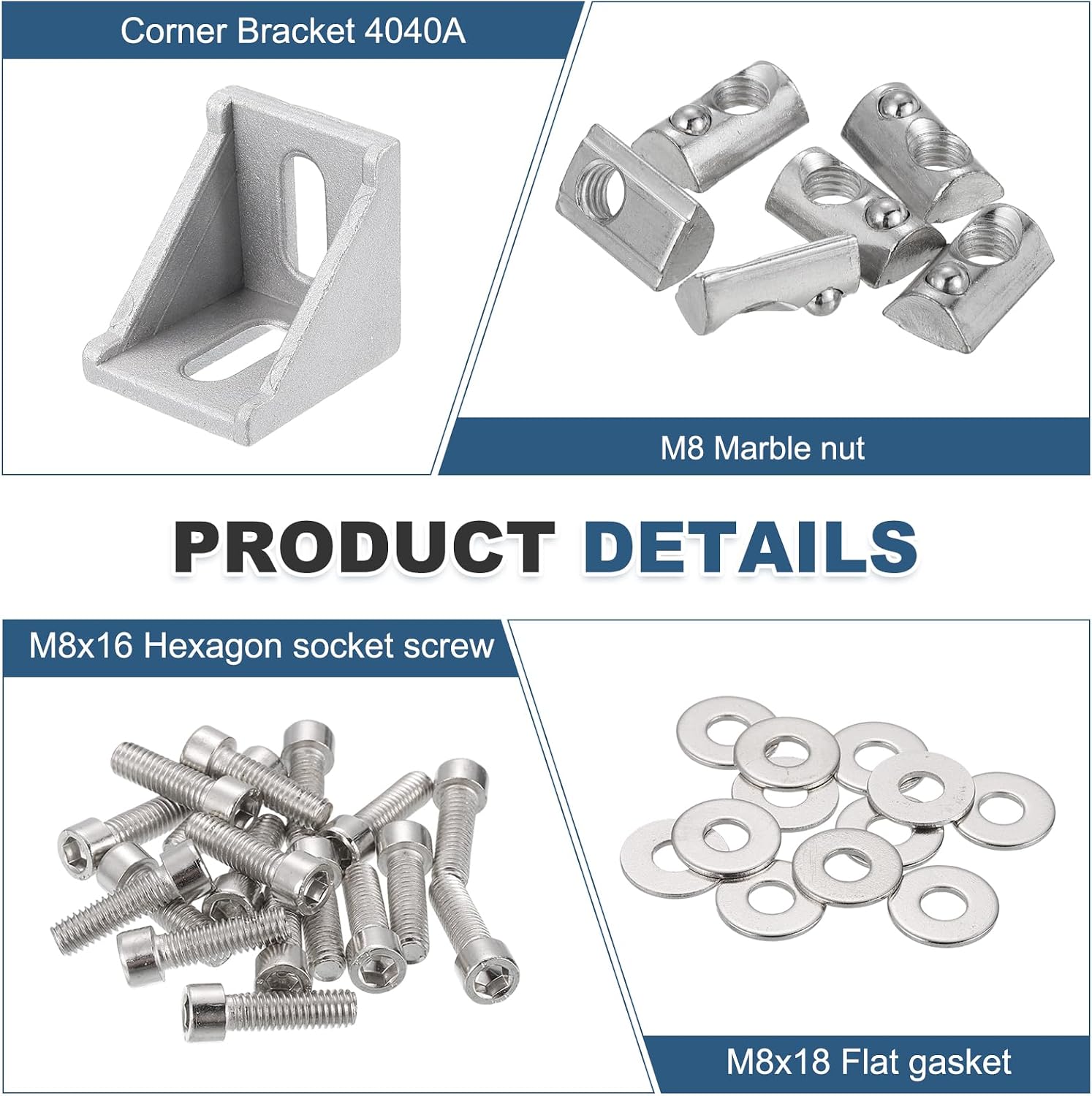 MECCANIXITY 8 Pcs 4040A Series Aluminum Extrusion Profile Connector, Corner Brackets Extruded Hardware with 16pcs M8 Marble nut and M8x16 Hexagon Socket Screw and M8x16 Flat Gasket