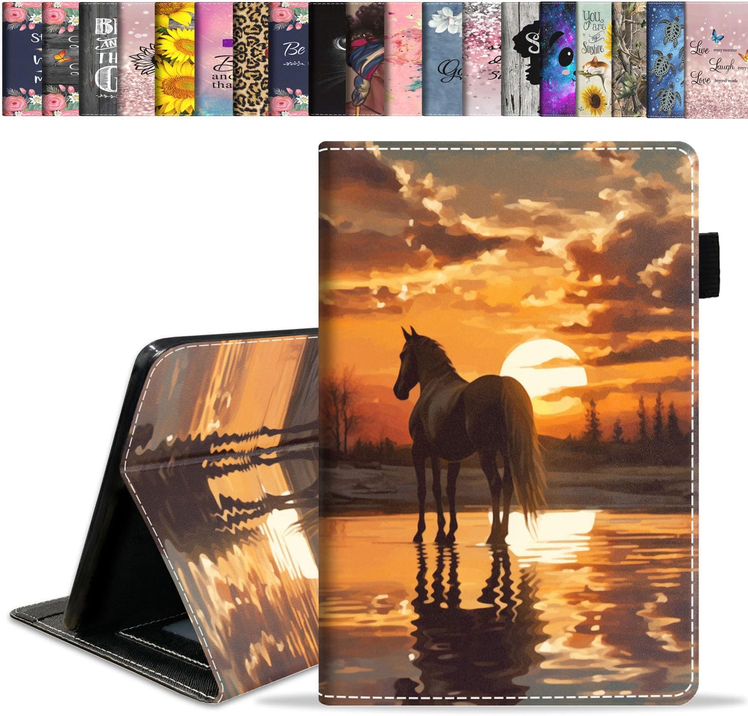 Case for Amazon Kindle Fire HD 8/Fire HD 8 Plus Tablet (12th/10th Generation, 2024/2022/2020 Release), Slim Stand Folio Cover with Card Slot & Auto Wake/Sleep - Horse at Sunset