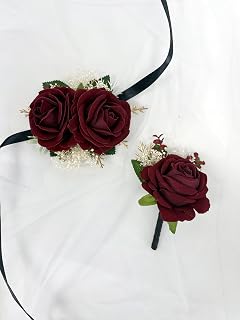 Burgundy Rose Corsage and Boutonniere Set with Baby's Breath for Wedding Flower Accessories Prom Suit Decorations