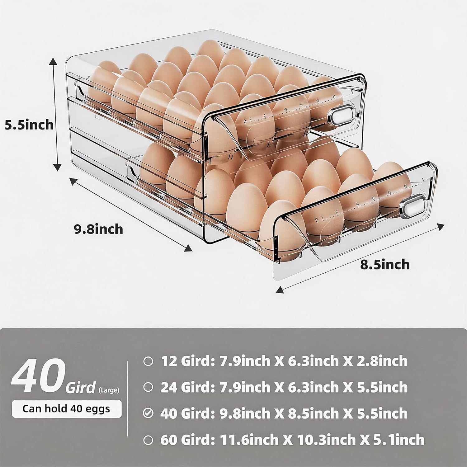 HIYOHIYO 40 Grids with 24 Grids Clear Egg Holder for Refrigerator, All Transparent PET Egg Container with Time Scale