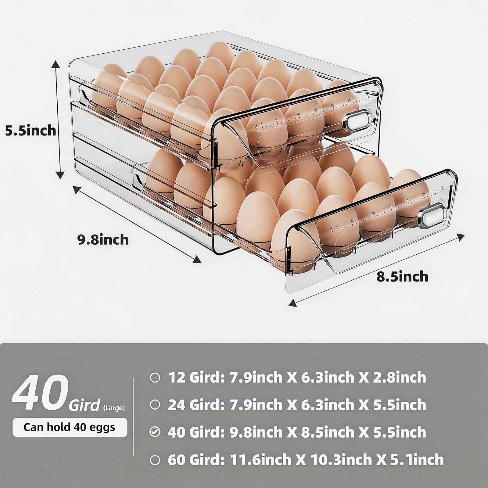 HIYOHIYO Soporte para huevos de 40 rejillas para refrigerador, contenedor de huevos de PET transparente con escala de tiempo, cajones apilables de polipropileno de grado comestible, bandeja