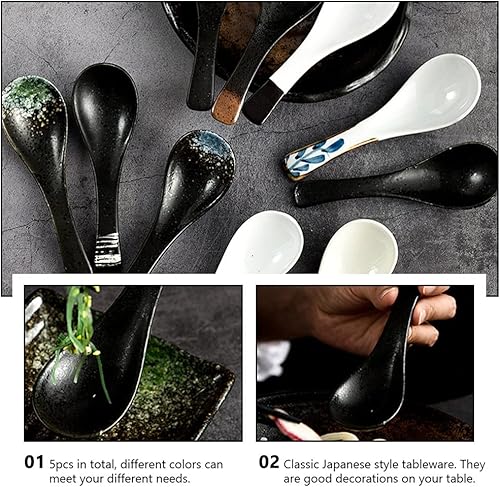 Miniatura 6 de DOITOOL Juego de 5 cucharas de sopa de estilo japonés, cucharas de sopa asiáticas, cucharas de ramen de cerámica, cucharas de servir chinas para