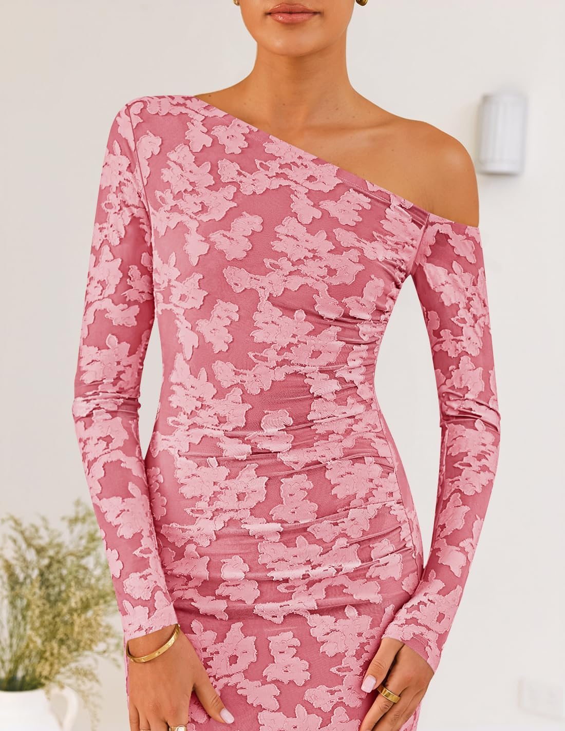 ZESICA Women's Spring Floral Off Shoulder Bodycon Maxi Dresses 2026 Long Sleeve Ruched Elegant Cocktail Party Dress - Image 5