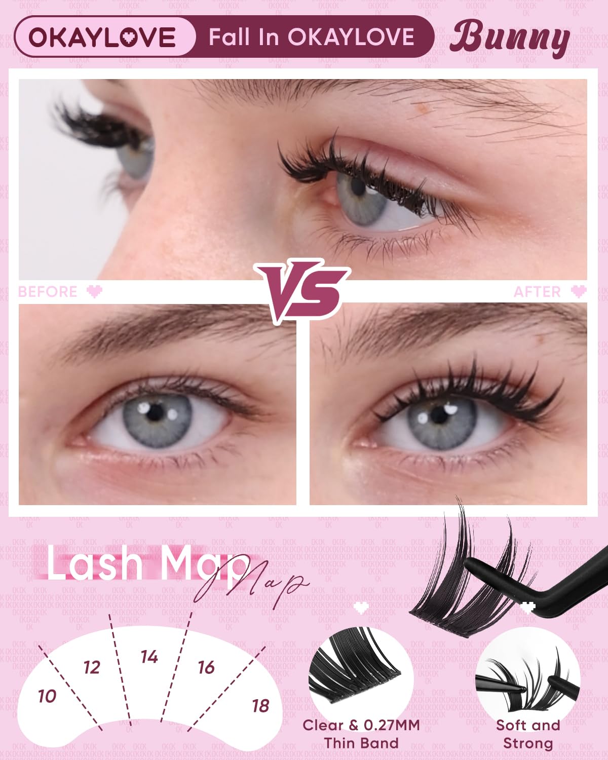 OKAYLOVE Manga Lash Clusters Kit, BUNNY 8-18mm Anime Cluster Eyelash Extensions Kit, 120pcs Fairy Wipsy Lashes Clear Band Natural Eyelashes with Bond and Seal, Remover, Tweezers: Bunny - Lash Kit