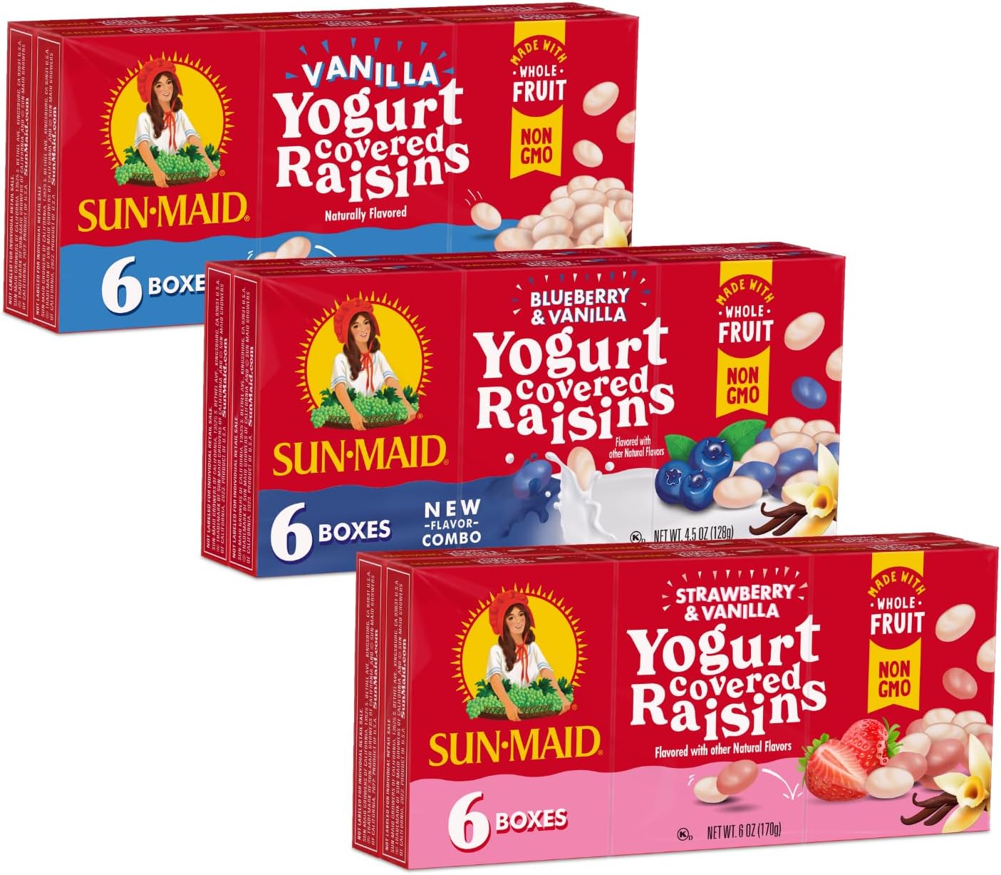 Yogurt Coated Raisins 3 Flavor Snack Pack Bundle - 1 oz, 6 Snack-Size Boxes per Flavor - Vanilla, Blueberry, and Strawberry Yogurt Covered Dried Fruit Snack for Lunches and Snacks