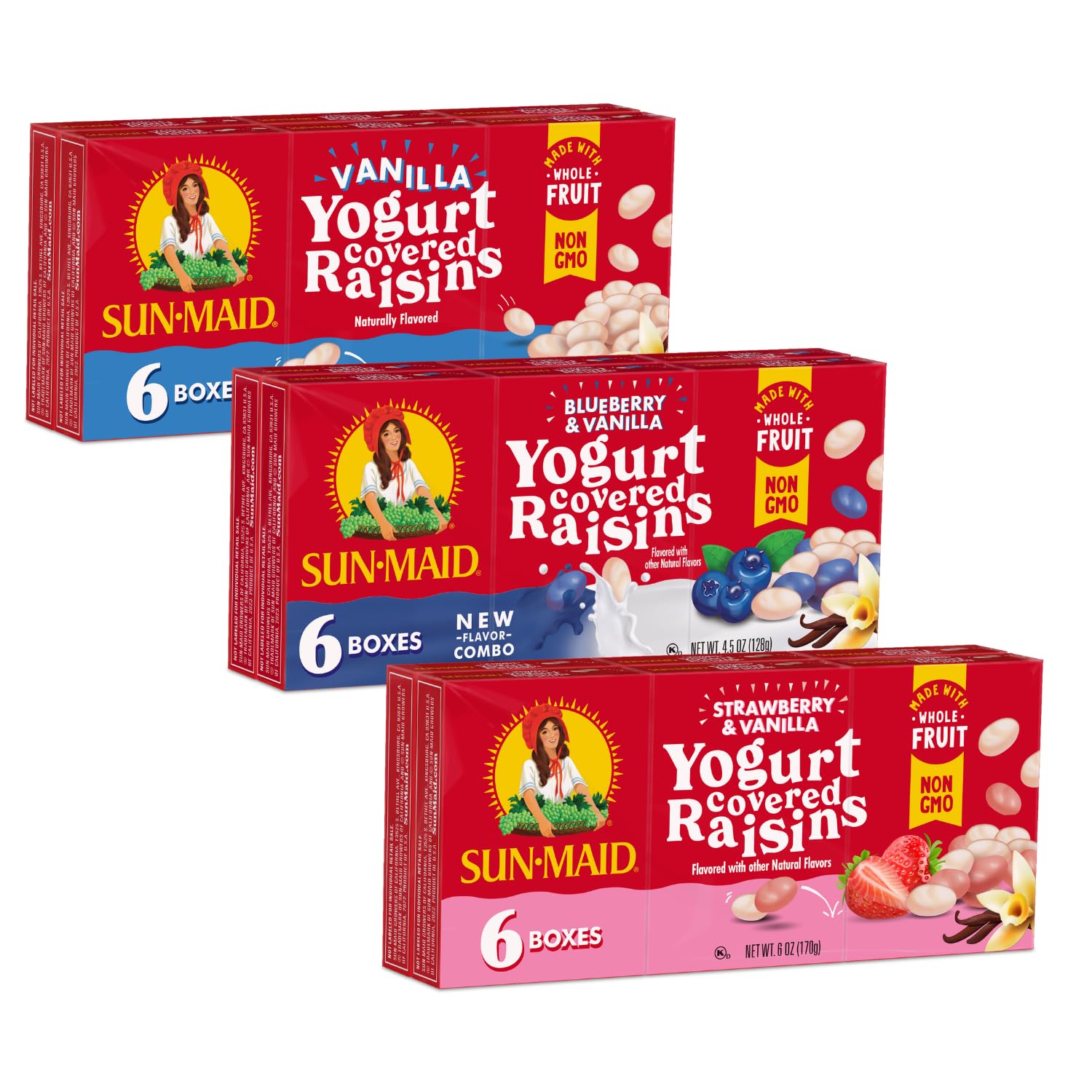 Yogurt Coated Raisins 3 Flavor Snack Pack Bundle - 1 oz, 6 Snack-Size Boxes per Flavor - Vanilla, Blueberry, and Strawberry Yogurt Covered Dried Fruit Snack for Lunches and Snacks