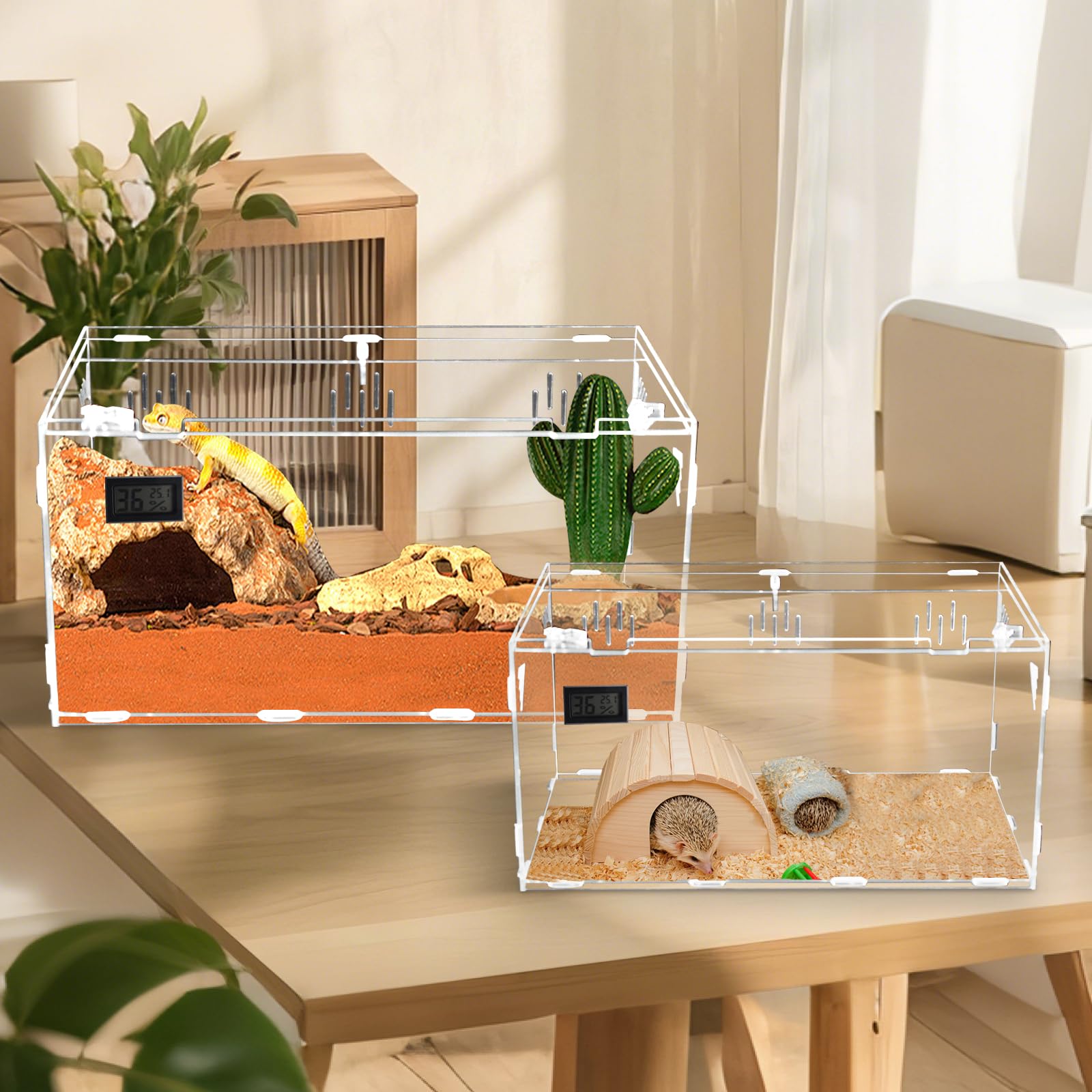 Homtone Terrario de acrílico, terrario de caracoles de temperatura e higrómetro, caja grande transparente para reptiles, caja de cultivo de reptiles portátil, camaleón (39 x 25 x 19 cm)