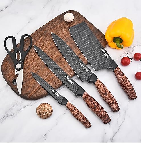 Miniatura 9 de Juego de cuchillos de cocina, juego de 6 cuchillos de revestimiento de madera de lujo, mango de grano de madera clara, acero inoxidable,