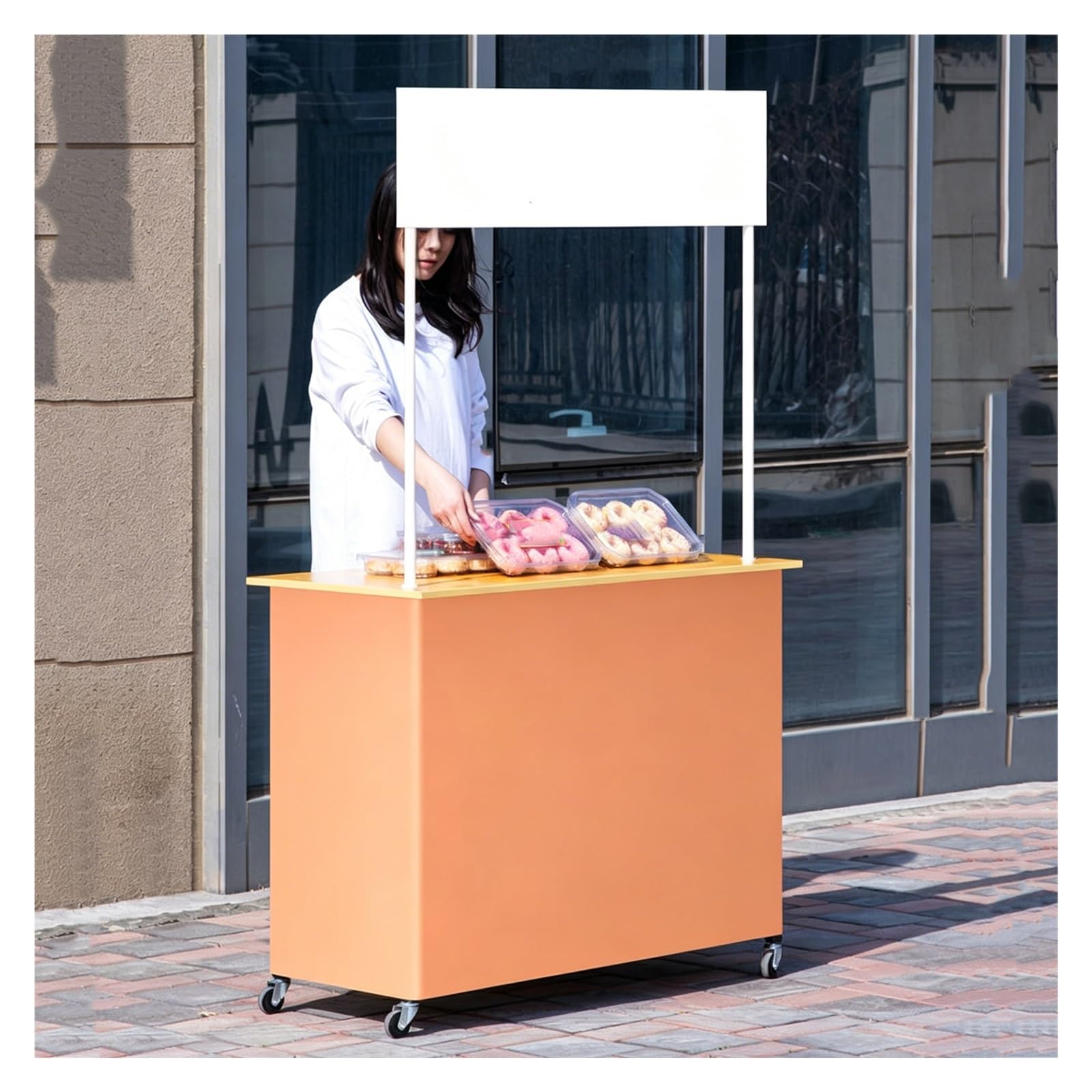 bacedifo Outdoor Market Cart with Casters, Foldable Markets Stall, Portable Display Stand, Folding Table, with Advertising Panel, Reinforced Crossbar, and Storage Compartments